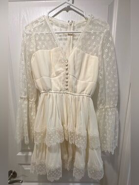 Elegant Ivory Lace Midi Dress with Sheer Sleeves